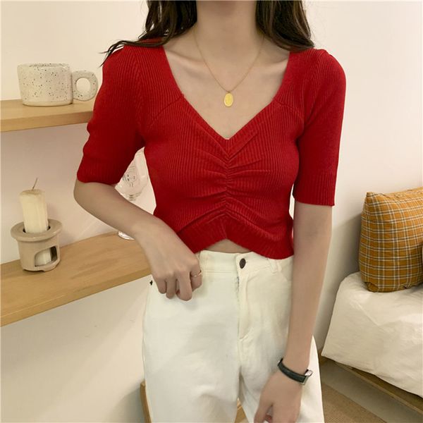

lucyever women fashion ruffles slim knitted shirt summer v-neck short sleeve knitt woman elastic stripe sweater ladies 210521, White
