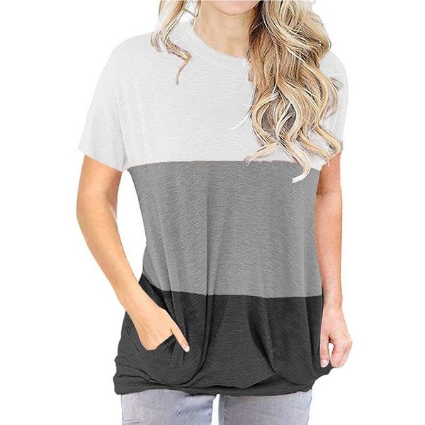 

women's t-shirt fashion casual color matching loose pocket round neck short sleeve, White