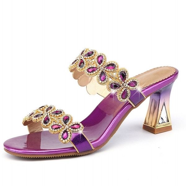 

new women slippers summer crystal rhinestone square high heel sandals open toe lady slides ladies shoes d0025 3wsn, Black