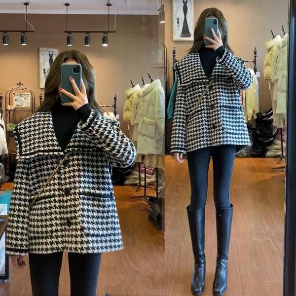 

small fragrance jacket 2021 autumn and winter korean style women's wild loose houndstooth ladies short trend jackets, Black;brown