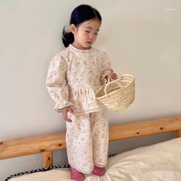 

clothing sets 2021 autumn arrival girls long sleeve floral suit pants kids korean design1, White