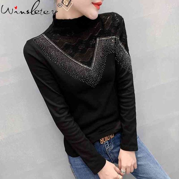 

women's t-shirt spring fall european clothes girl fashion diamonds patchwork irregular lace cotton women black tees t0d4, White