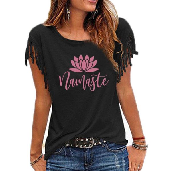 

women's t-shirt 2021 fashion namaste flower print shirt harajuku vegan plant lover gift off cotton tassel short sleeve o-neck casual, White