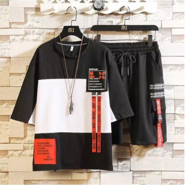 

men's t-shirts 2021 fashion hip-hop street summer dress t-shirt and pants casual two-piece set, White;black