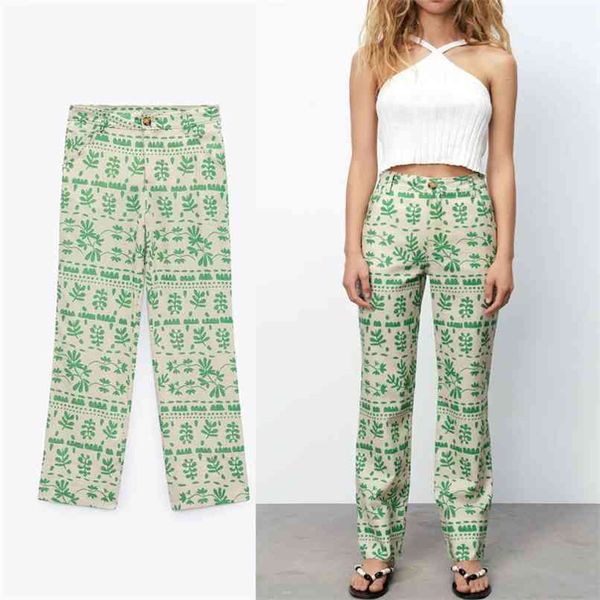 

summer print linen women pants high waist vintage green trousers fashion pockets front zip closure woman casual 210524, Black;white