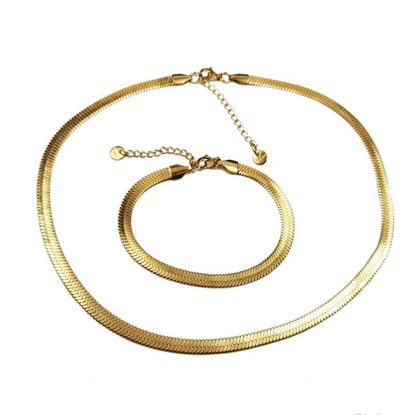 Orecchini Collana Set di gioielli placcati in oro 18 carati Catena piatta a serpente Bracciale a spina di pesce in acciaio inossidabile per donna