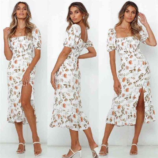 

summer women's square collar floral printed high split dress fashion short sleeve ruffle stitching maxi femme 210517, Black;gray
