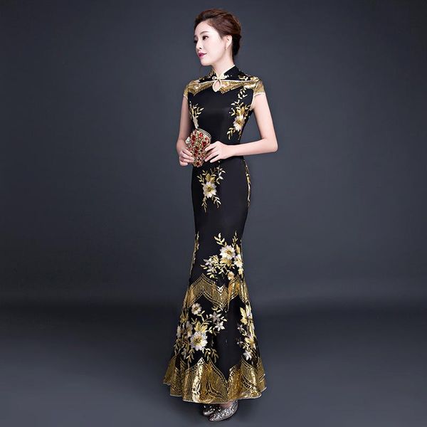 

ethnic clothing female flower embroidery formal party dress black exquisite sequins trim novelty cheongsam long elegant chinese banquet gown, Red