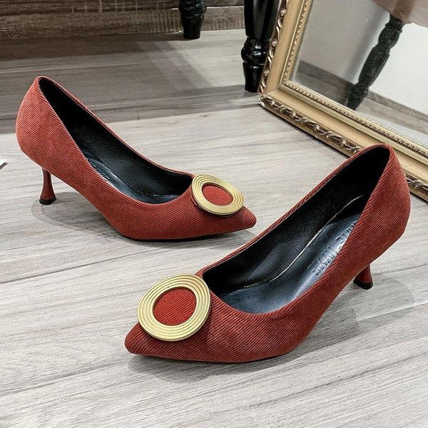 

woman pointed toe office shoes female slip on high heels round metal buckle pumps zapatos de mujer plataforma dress, Black