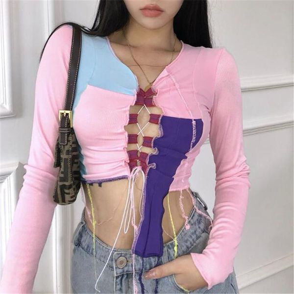 

women's t-shirt summer v neck front lace up women crop hollow-out t shirt autumn contrast color short clubwear, White