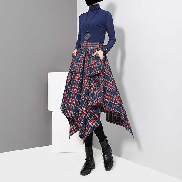 

vanovich women asymmetrical a line casual skirts korean plaid high waist with sashes mid calf 210615, Black