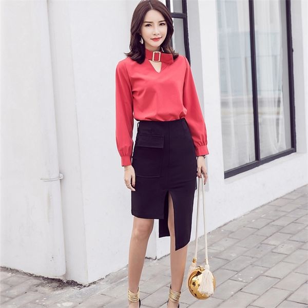 

spring autumn women's skirt korean style solid color pockets asymmetric elastic slim-fit all-match s ll565 210506, Black