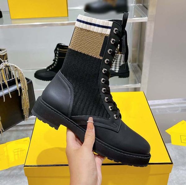 

designer women boots combat ankle martin boot brand leather biker knit stretch fabric shoes winter platform mid-booties with box, Black