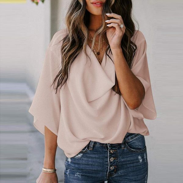 

women's blouses & shirts elegant chiffon blouse women fashion long sleeve buckle v-neck t-shirt casual loose solid color shirt summer, White