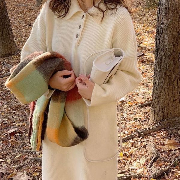 

casual knitted dress women loose long sleeve midi sweater female sweet outwear ladies autumn 2021 one-piece korean dresses, Black;gray