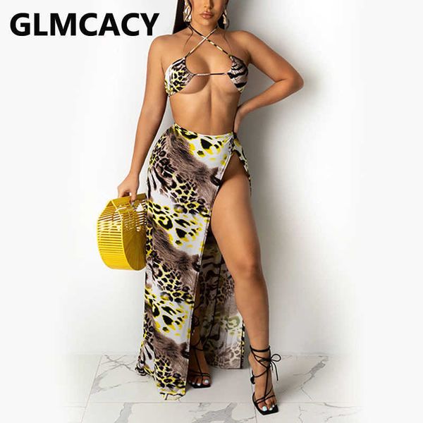 

2 pieces sets women leopard printed hater & bodycon slit skirt 210702, White