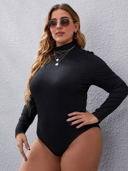 

plus ribbed knit mock neck bodysuit v9ye#, Black