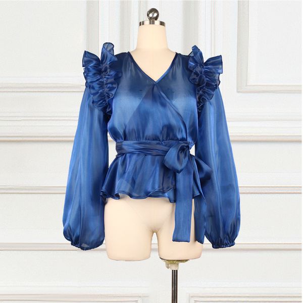 

women see through with cleavage on v lantern blue sea sleeve transparent waist belt 2021 spring summer shirt elegant blouse wrf0, White