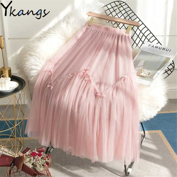

elegant bow pleated midi skirt womens black elastic high waist tulle skirt lady summer mesh a-line princess midi long skirt 210619