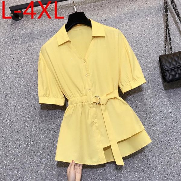 

women's blouses & shirts 4xl plus size 2021 summer women short sleeves turn-down collar elastic waist bling ladies blouse casual shirt, White