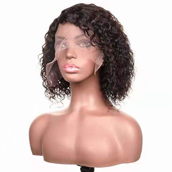 

13*1 t part lace wigs human hair curly brazilian short bob wig 12 inch natural color middle-part for black women, Black;brown