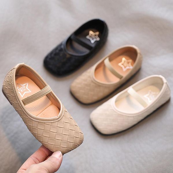 

square toe girls shoes leather weave princess elastic band mary jane shallow single kids flats slip on boat shoe flat, Black;grey