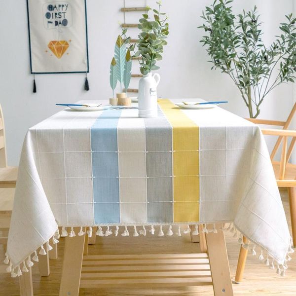 

table cloth thicken cotton linen tablecloth green plaid woven striped stitching lace pendant decor rectangular cover