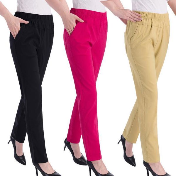 

summer middle aged thin elderly womens pant casual plus size elastic loose high waist women solid nine points straight, Black;white