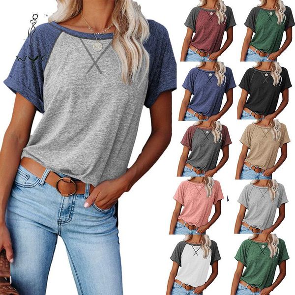 

women's t-shirt women patchwork o-neck casual leisure t-shirts female short sleeve ladies loose clothing summer plus size streetwear, White