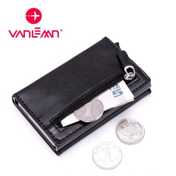 

card holders id holder men wallet thin slim wallets women leather coin purse small vintage metal rfid, Brown;gray