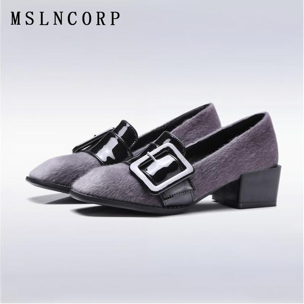 

dress shoes size 34-43 fashion flock oxford for women casual chaussure escarpins femme buckle square heels slip on single, Black