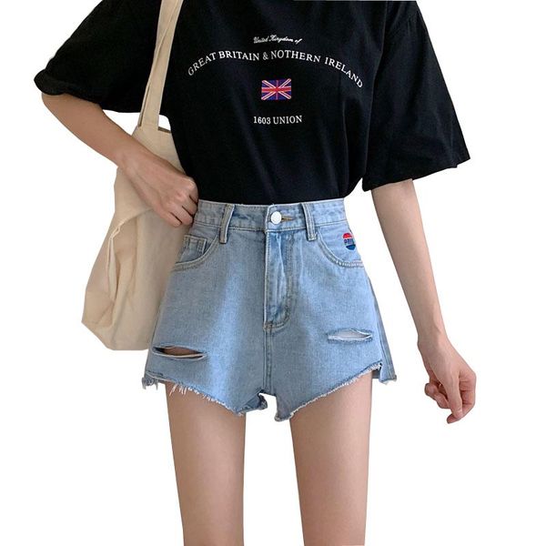 

women's jeans korean fashion short women with holes, Blue