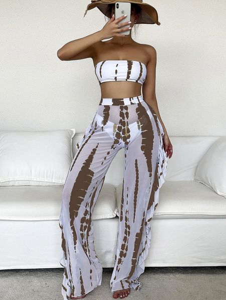 

3pack allover print bandeau bikini swimsuit & cover up pants s76f#, White;black