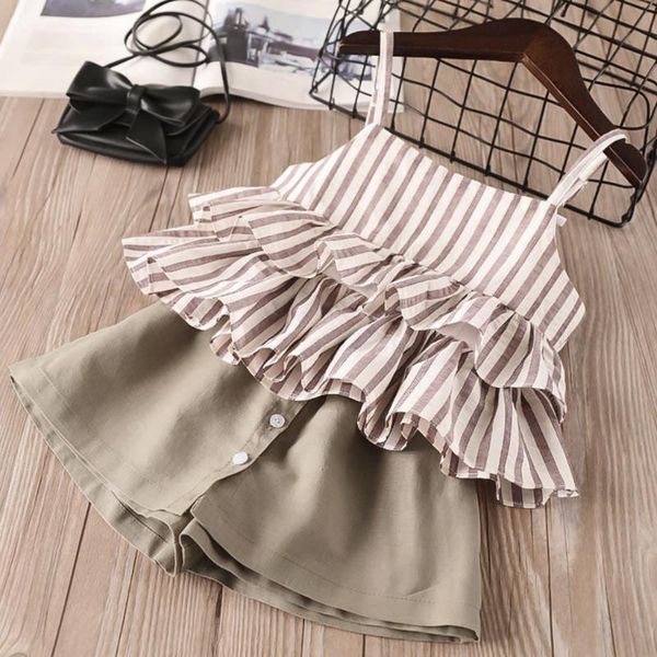 

jumpsuits toddler kids baby girls outfits clothes stripe ruffles vest t-shirt+shorts set summer girl clothing suit shirts, Blue