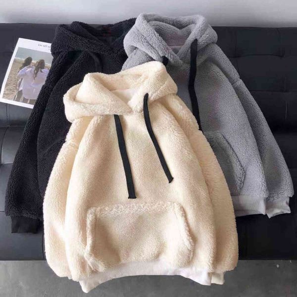 

sweatshirts hoodies women autumn winter plush warm fluffy double hoodies pullover loose soft thick hoodie for teens 211108, Black