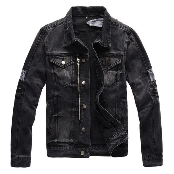 

men's jackets gzdeerax bandana paisley printed black denim biker jacket streetwear zippers patchwork holes ripped coat, Black;brown