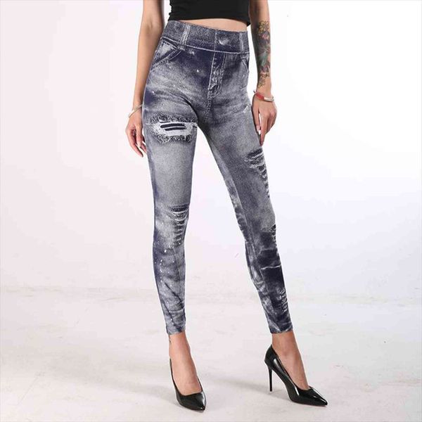 

imitation cowboy printed high waist womens legging slim elastic pencil pants plus size 3xl jeans, Black