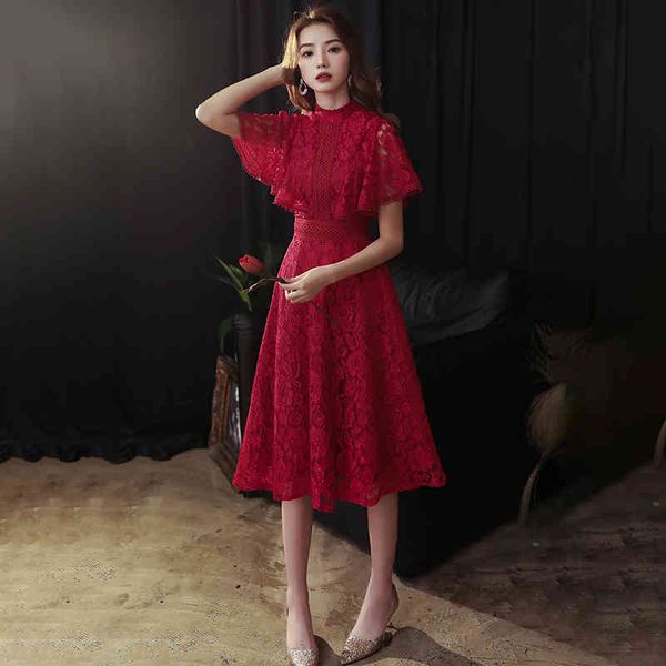 

party dresses lace women burgundy high collar half sleeves tea-length a-line plus size ruffles customized formal dress a071 qeav, White;black