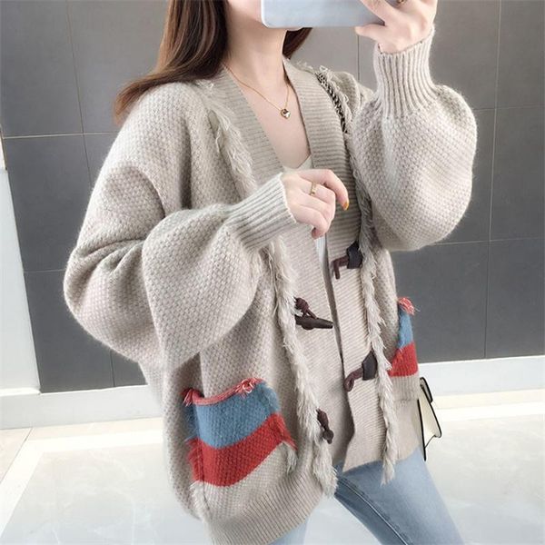 

women's knits & tees autumn winter korean knitting sweater cardigan women long sleeve loose horn button big pocket knitted jacket coat, White