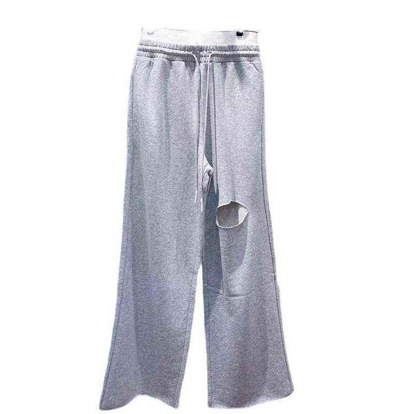 

yang mi's same pants mo & worn out casual high waist loose straight leg women's autumn, Black;white