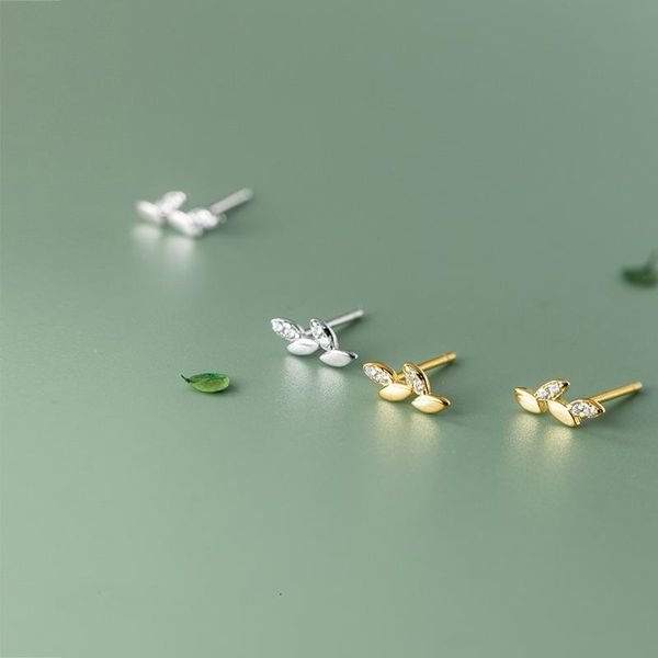 

stud delicate 925 sterling silver earrings sweet exquisite shining zircon leaf small piercing for women party jewelry, Golden;silver