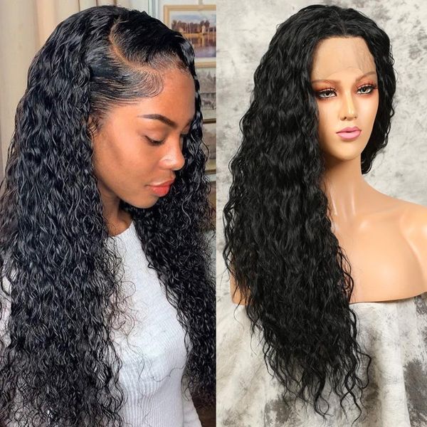 

synthetic wigs 26 inch middle part preplucked glueless deep wave lace front wig high temperature resistance with baby hair curly, Black