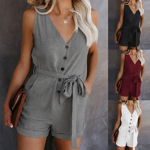 

casual v neck summer retro womens jumpsuit button sleeveless office straight belt shorts rompers, Black;white