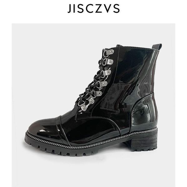 

boots black thick bottom punk woman round lace up ankle for patent leather designer shoes platform