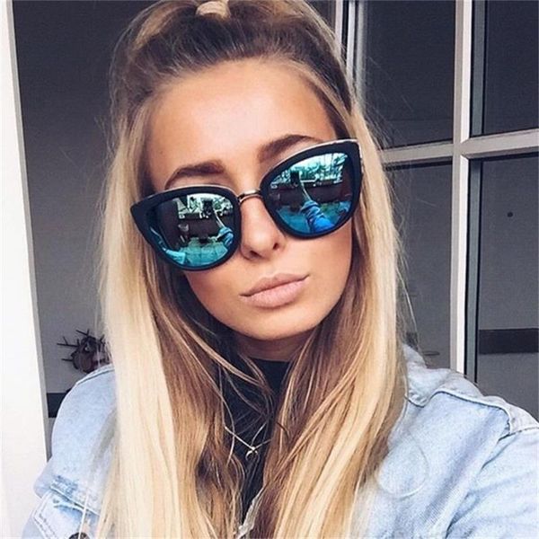 

fashion cat mirror sunglasses women brand designer eye metal frame girl brown women's big gradient, White;black