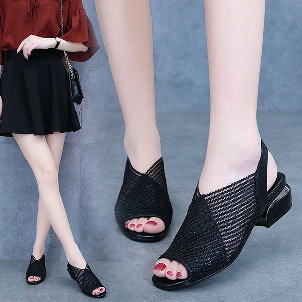 

ladies sandals spring square heel slingback slippers mules shoes woman mesh open toe female slip on, Black