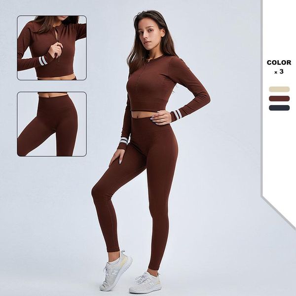 

yoga outfit 2021 seamless leggings women's fitness set est half zipper long sleeve crop sport bra+high waist gym pants