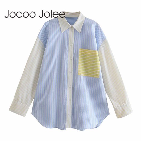 

jocoo jolee stripe patchwork loose hit color button polo neck casual elegant t-shirt basic preppy style regular straight blouse 210619, White