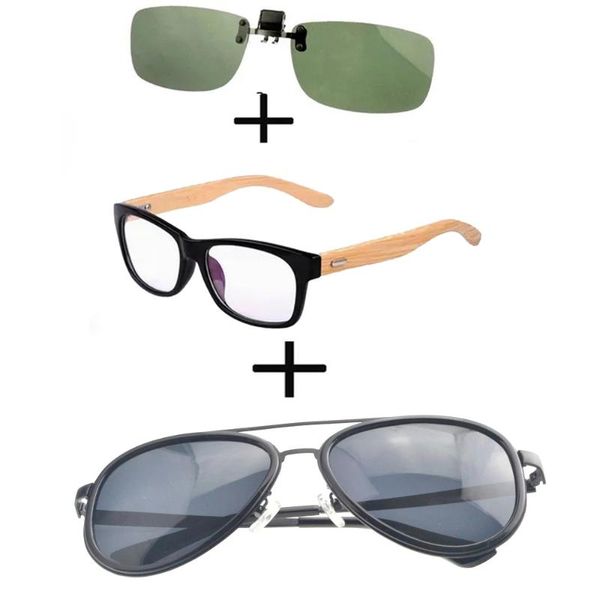

sunglasses 3pcs comfortable wooden squared frame reading glasses for men women + alloy polarized outdoor clip, White;black