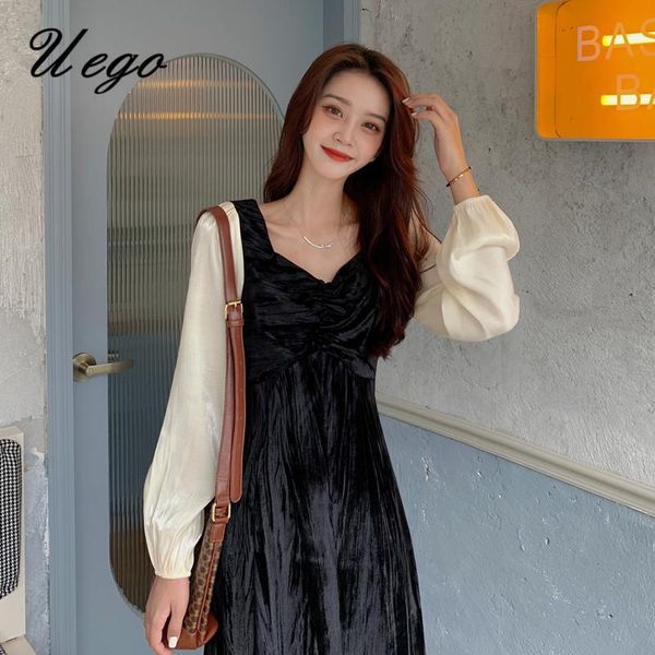

casual dresses patchwork soft velvet french gentle elegant lady vintage black dress evening party women autumn winter midi, Black;gray